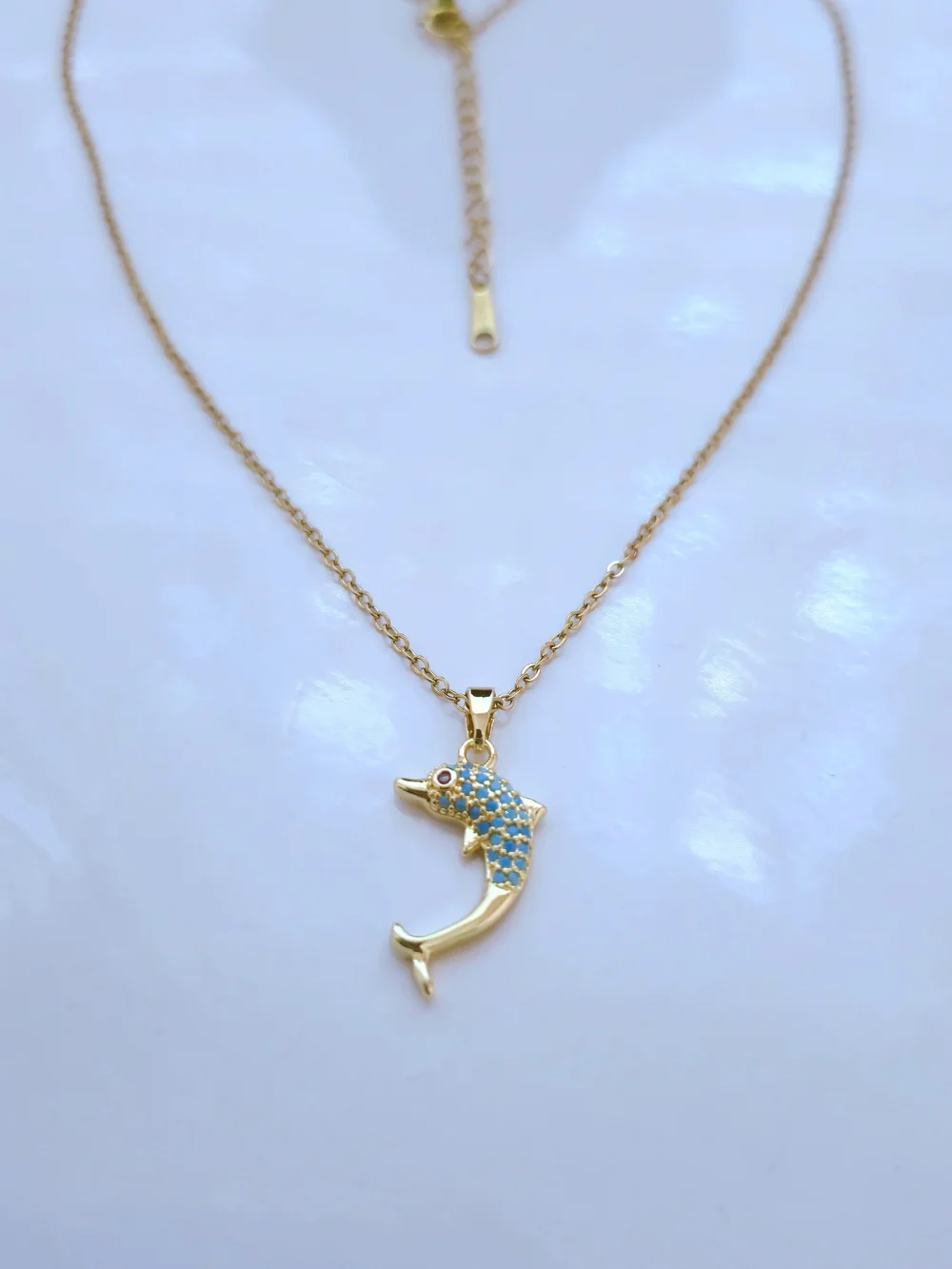 Gold Dolphin Pendant Necklace with Blue Zircon Accents Sea Life Beach Summer B03